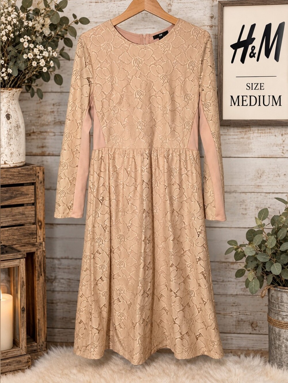 H&M Beige Lace Long-Sleeve Fit-and-Flare Dress